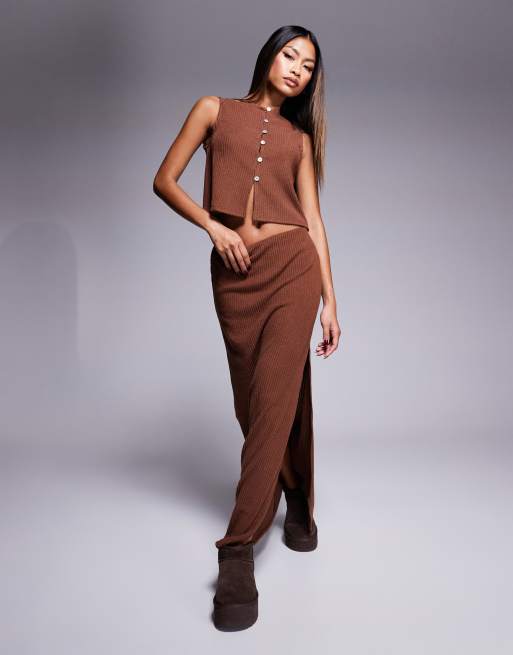 ASOS DESIGN co ord column side split brushed rib maxi skirt in brown ASOS