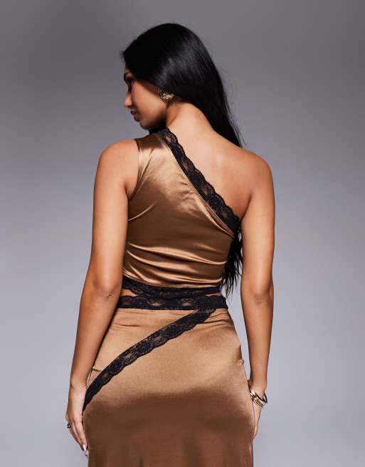 ASOS DESIGN co-ord contrast lace trim one shoulder stretch satin crop top in brown, 4 of 4