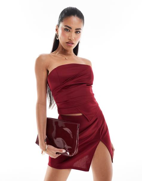 ASOS DESIGN co-ord corset ruched top in burgundy in scuba-style fabric - view 1