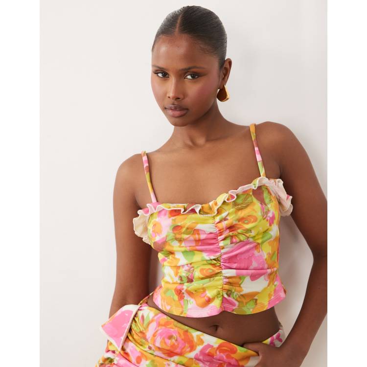 ASOS DESIGN co-ord crepe ruched cami top with neck frill in floral