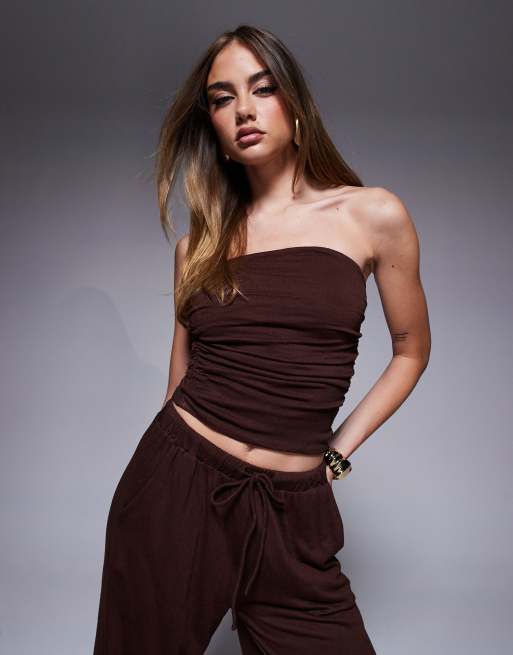 ASOS DESIGN co-ord crinkle bandeau top in brown - BROWN