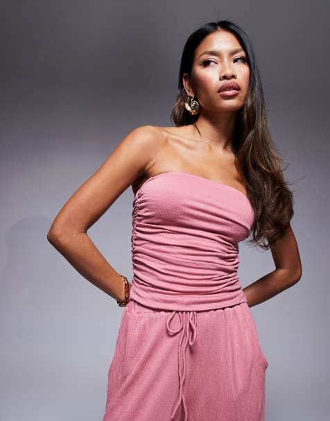 ASOS DESIGN co-ord crinkle bandeau top in dusty rose - view 1