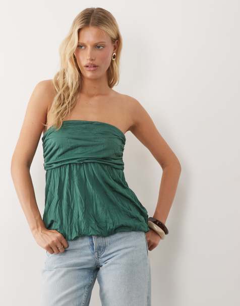 ASOS DESIGN co-ord crinkle drape bubble hem bandeau top in green - view 1