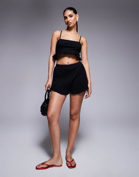 ASOS DESIGN co-ord crinkle flippy shorts with frill hem in black - BLACK - view 1