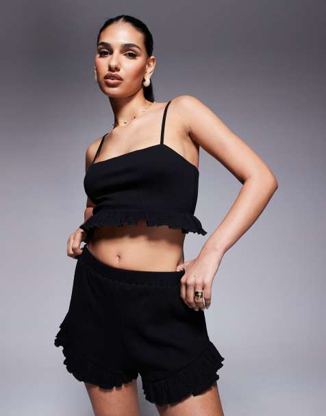 ASOS DESIGN co-ord crinkle flippy shorts with frill hem in black - view 1