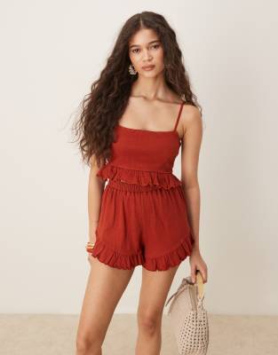 ASOS DESIGN co-ord crinkle frill hem cami crop top in rust-Red