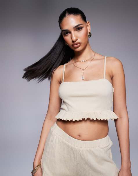 ASOS DESIGN co-ord crinkle frill hem cami crop top in stone