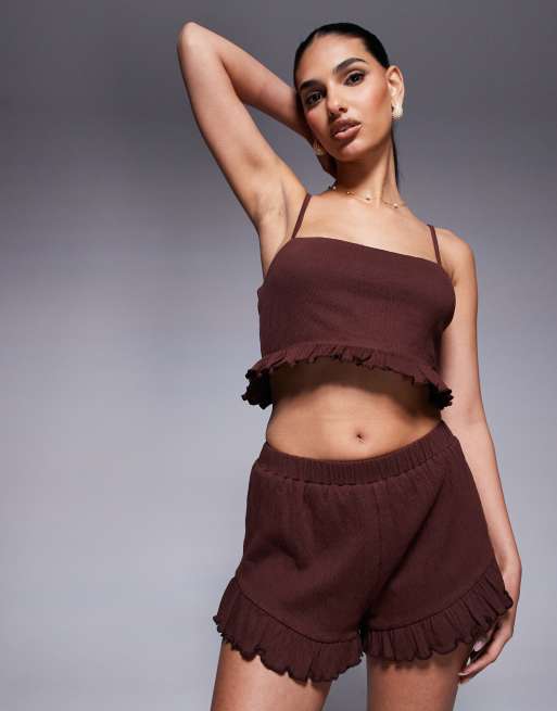 ASOS DESIGN co-ord crinkle frill hem crop top in brown - BROWN