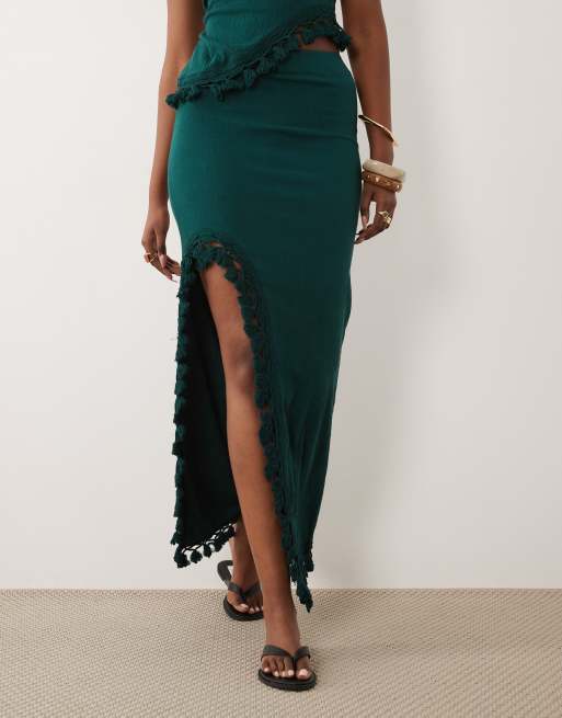 ASOS DESIGN co-ord crinkle high split skirt with tassel detail in teal, 2 of 5