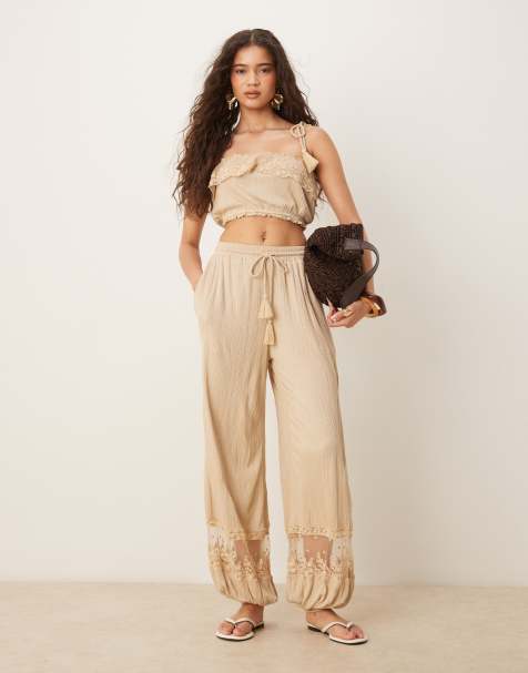 ASOS DESIGN co-ord crinkle lace panel trouser in stone - view 1