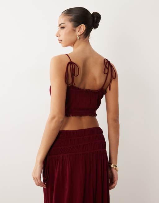 ASOS DESIGN co-ord crinkle tie shoulder cami top in berry, 8 of 8