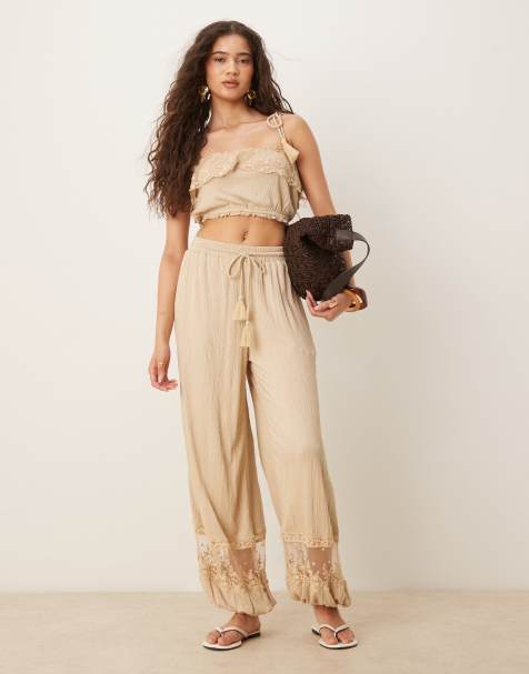 ASOS DESIGN co-ord crinkle tie shoulder lace trim bralet top and trouser in stone - view 1