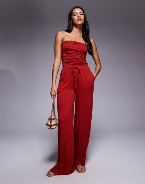 ASOS DESIGN co-ord crinkle tie waist wide leg trouser in rust