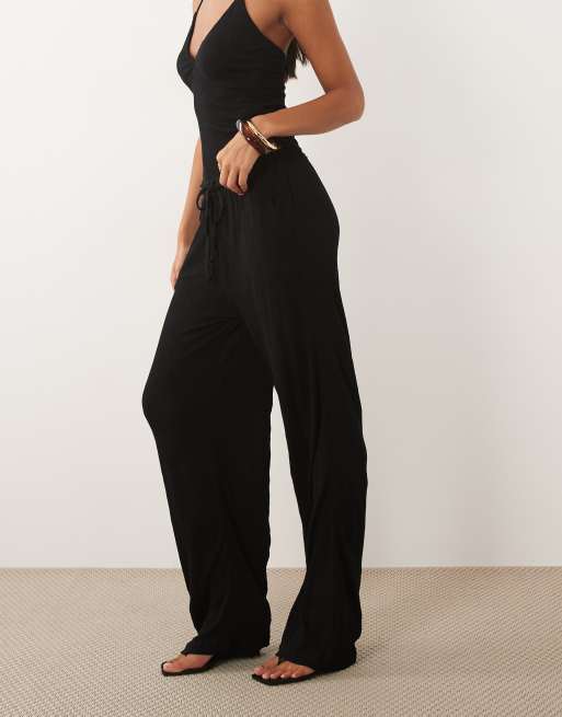 ASOS DESIGN co-ord crinkle wide leg drawstring trouser in black, 3 of 5