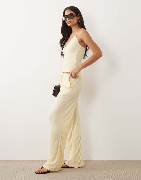 ASOS DESIGN co-ord crinkle wide leg drawstring trouser in butter yellow - view 1