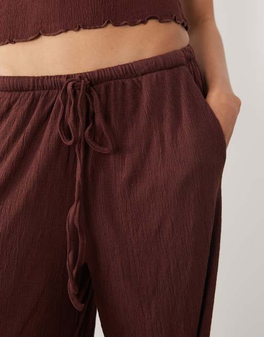 ASOS DESIGN co-ord crinkle wide leg drawstring trouser in chocolate, 3 of 5