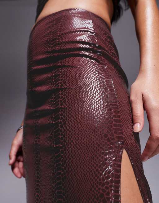 ASOS DESIGN co ord croc leather look column skirt in burgundy ASOS