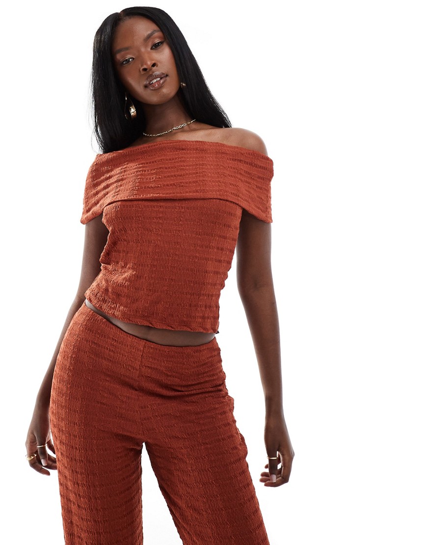 ASOS DESIGN co-ord crochet bardot fold over top in rust-Red