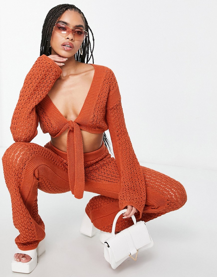 ASOS DESIGN co-ord crochet beach top with tie front detail in orange