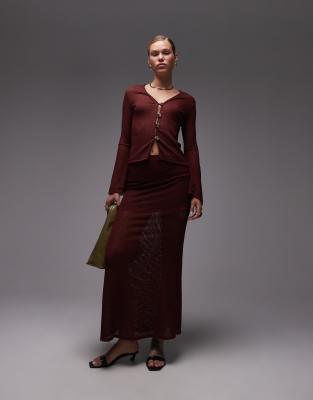 ASOS DESIGN co-ord crochet fishtail maxi skirt in burgundy - view 1