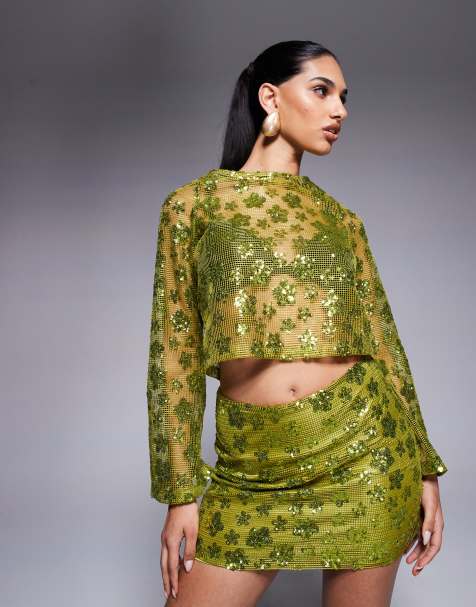 ASOS DESIGN co-ord crochet floral sequin mini skirt in olive green