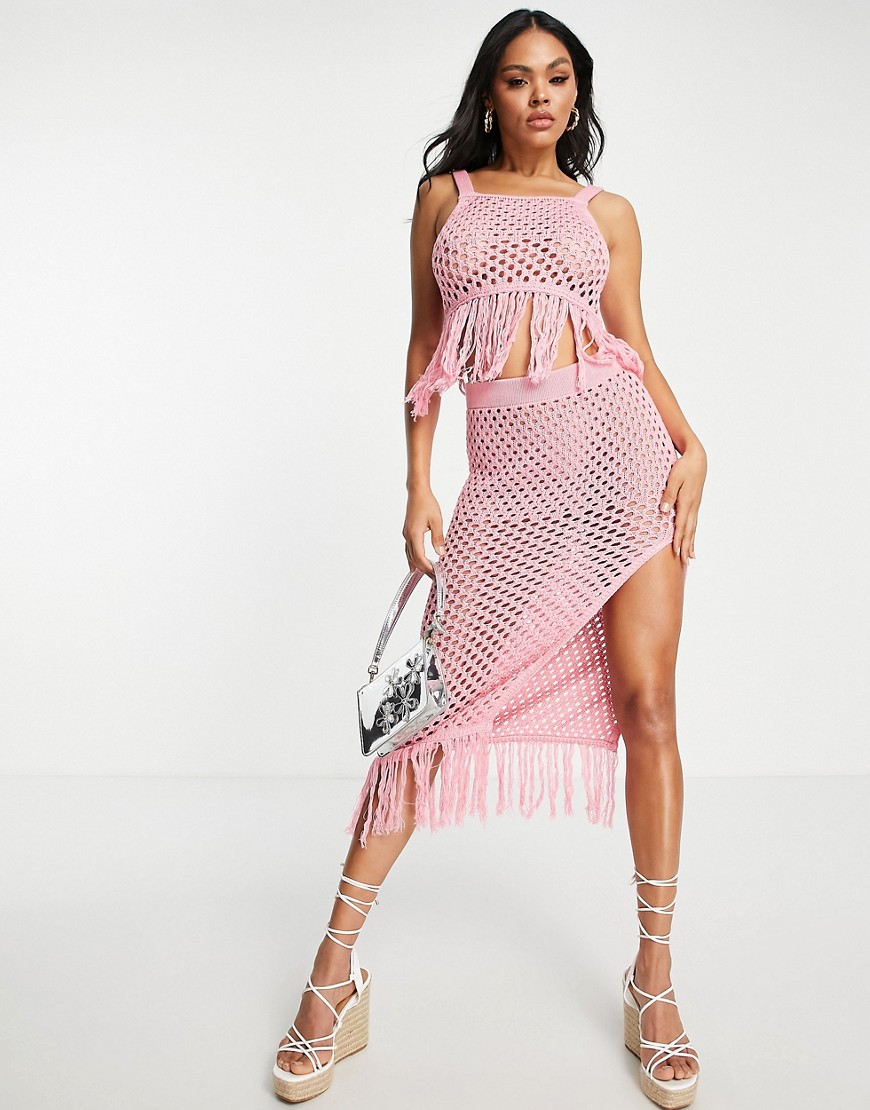 ASOS DESIGN co-ord crochet midi beach skirt with side split and fringe hem in pink