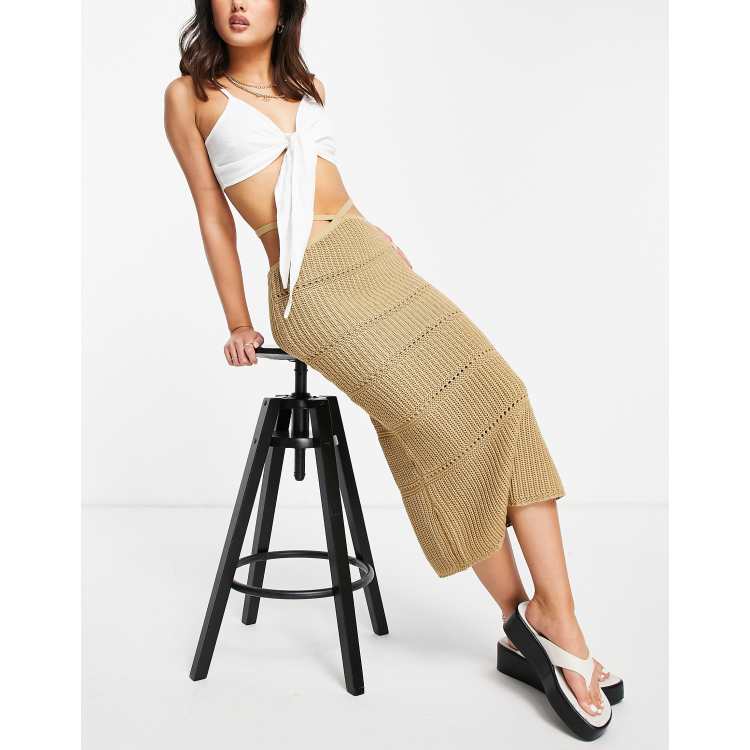 ASOS DESIGN co ord crochet midi skirt with tie waist detail in stone