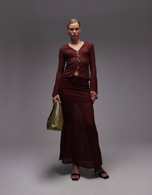 ASOS DESIGN co-ord crochet plunge flared sleeve gold button cardigan in burgundy, 2 of 4