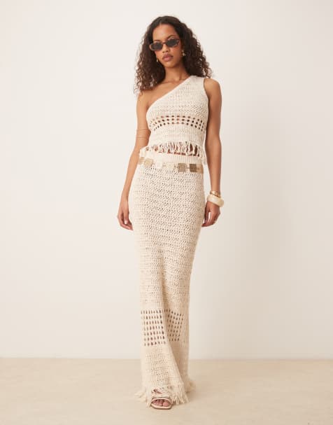 ASOS DESIGN co-ord crochet stitch maxi skirt with fringing in stone
