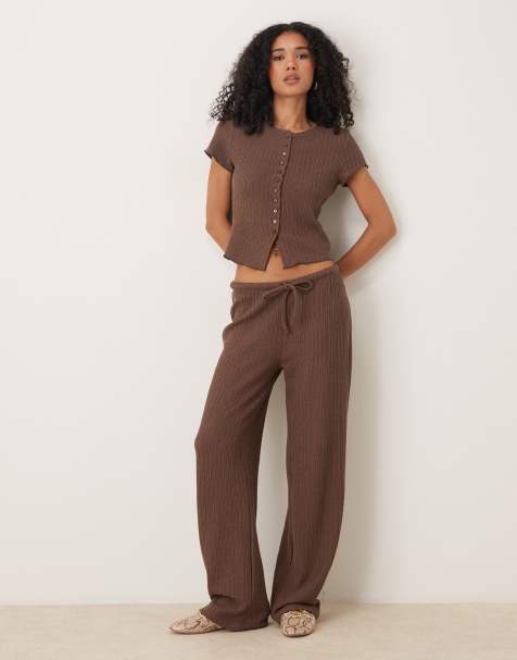 ASOS DESIGN co-ord crochet straight leg trouser with tie waist in chocolate - view 1