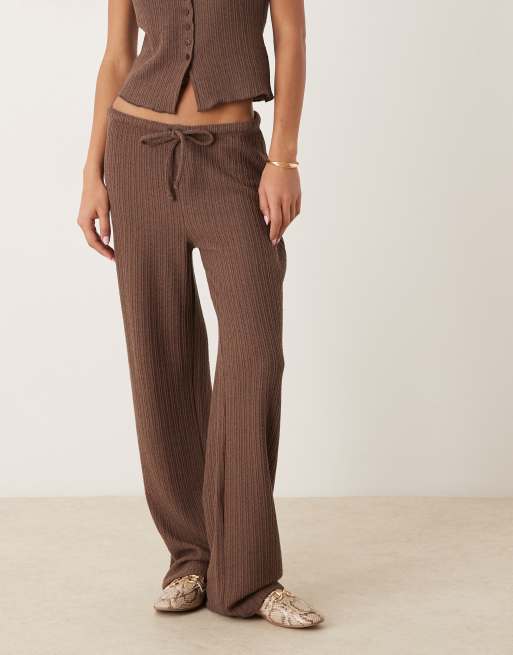 ASOS DESIGN co-ord crochet straight leg trouser with tie waist in chocolate, 2 of 5