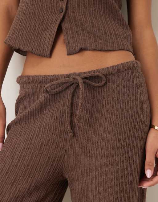 ASOS DESIGN co-ord crochet straight leg trouser with tie waist in chocolate, 3 of 5