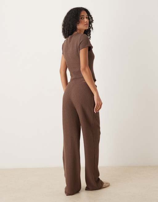 ASOS DESIGN co-ord crochet straight leg trouser with tie waist in chocolate, 4 of 5
