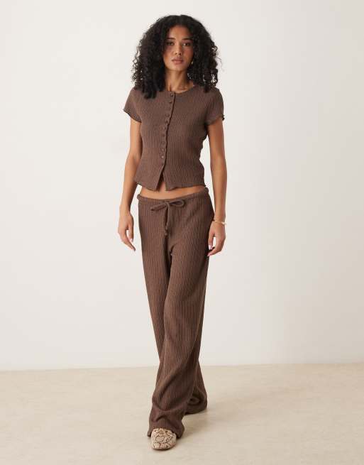 ASOS DESIGN co-ord crochet straight leg trouser with tie waist in chocolate, 5 of 5