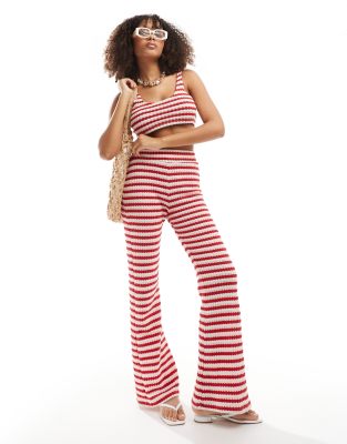 ASOS DESIGN co-ord crochet texture stripe slim wide leg trouser in red and white