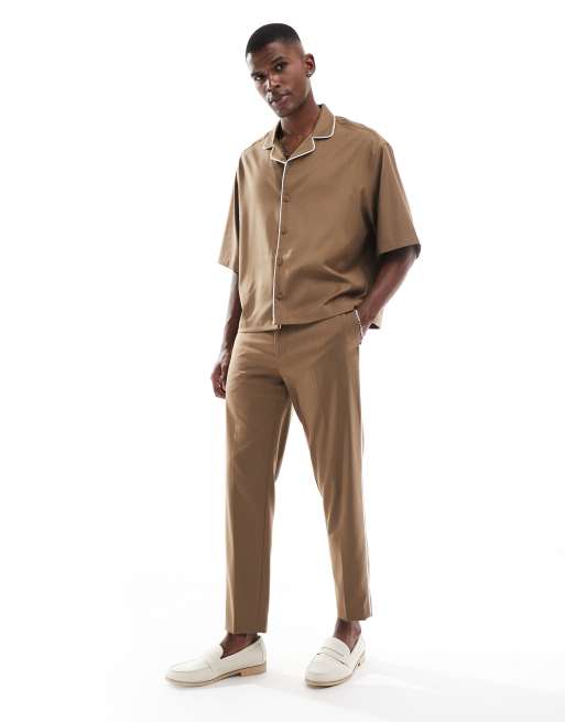 ASOS DESIGN co-ord cropped shirt with white piping detail in brown, 3 of 4