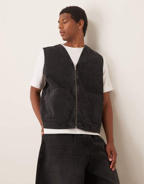 ASOS DESIGN co-ord denim gilet with patch pockets in washed black - view 1