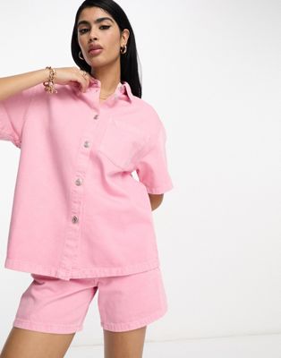 ASOS DESIGN co-ord denim long line shirt in pink