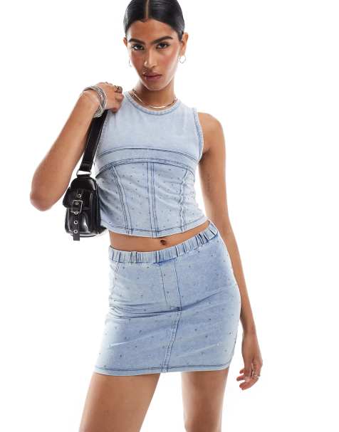 ASOS DESIGN co-ord denim look corset top with hotfix in blue - view 1