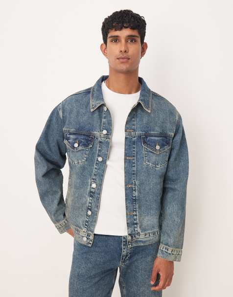 ASOS DESIGN co-ord denim trucker jacket in mid wash blue with yellow tint - view 1
