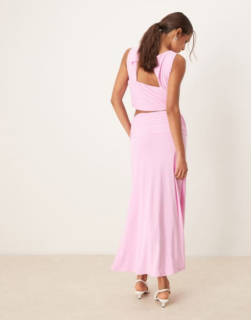 ASOS DESIGN co-ord double layer ruched drape maxi skirt in pink, 4 of 5
