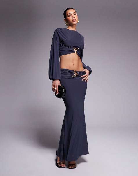 ASOS DESIGN co-ord drape maxi skirt with gold detail in dark grey - view 1