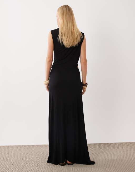 ASOS DESIGN co-ord drape mid rise maxi full skirt in black, 2 of 5
