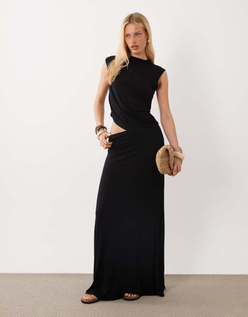 ASOS DESIGN co-ord drape mid rise maxi full skirt in black, 4 of 5