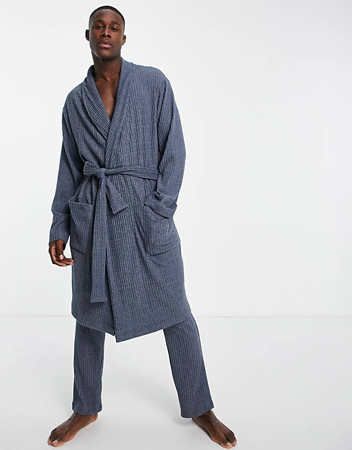  co-ord dressing gown in soft rib in blue 