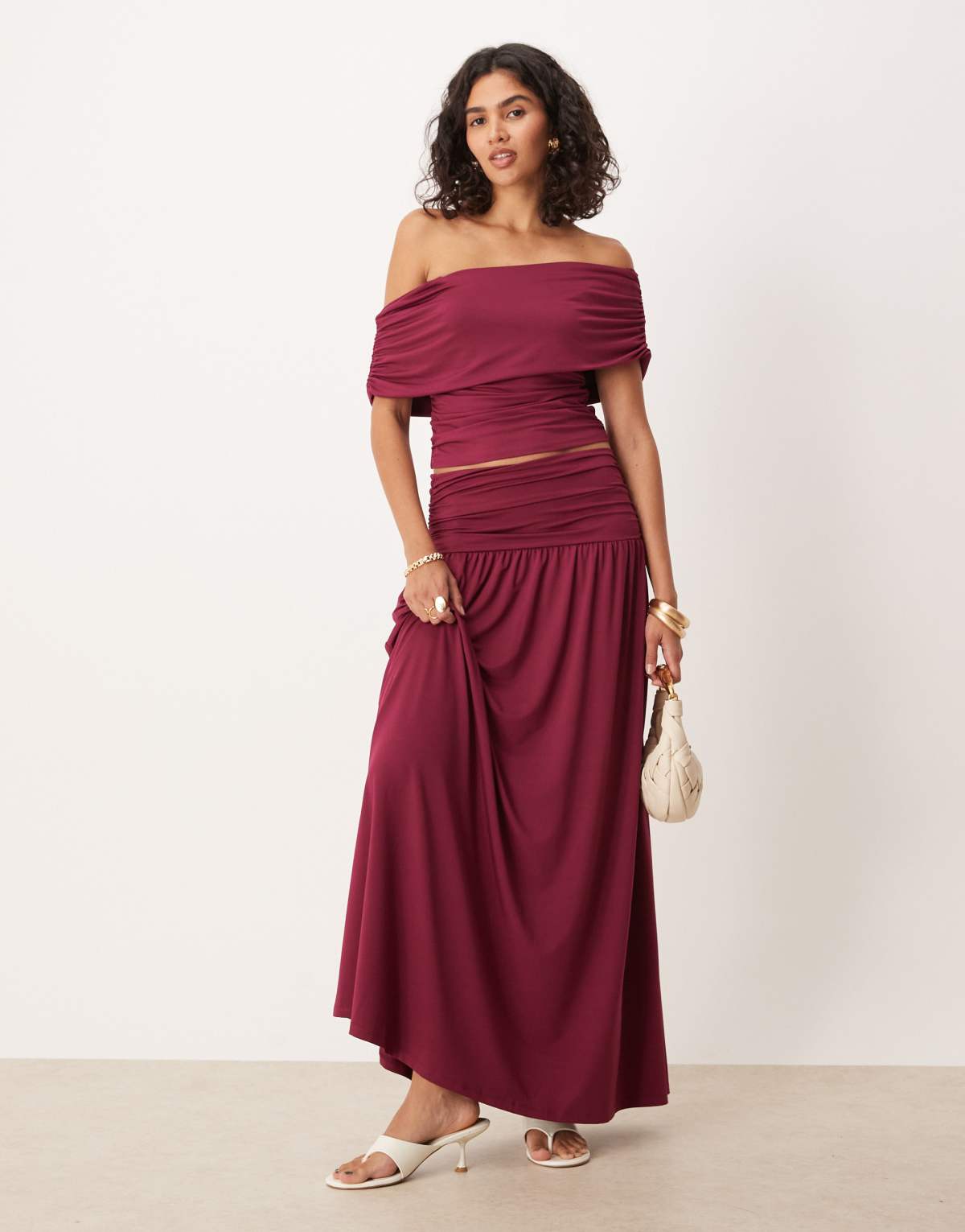 ASOS DESIGN co-ord drop waist ruched maxi skirt in berry