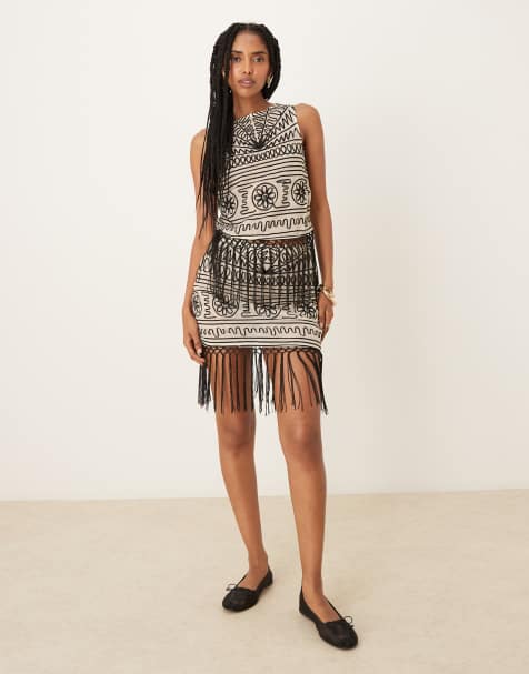 ASOS DESIGN co-ord embroidered mesh fringed skirt in black and white - MULTI - view 1