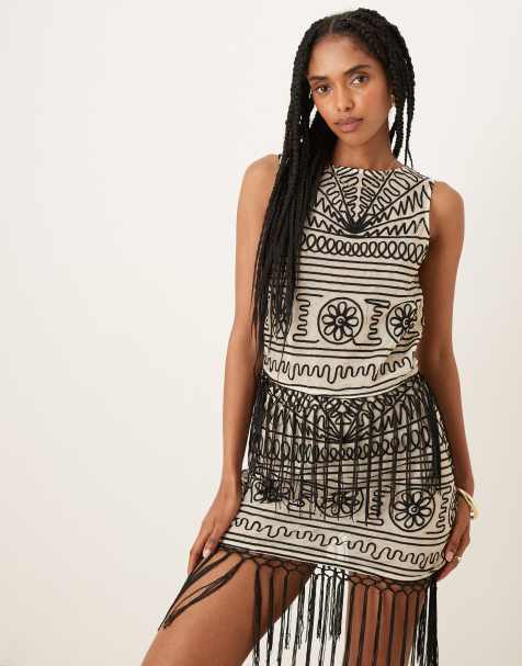 ASOS DESIGN co-ord embroidered mesh fringed top in black and white - view 1