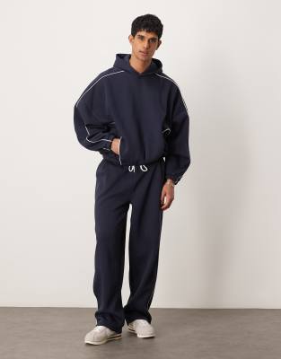 ASOS DESIGN - Sweat à capuche d'ensemble coupe carrée ultra oversize à liseré - Bleu marine