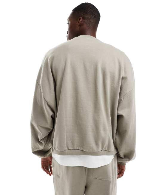ASOS DESIGN co-ord extreme oversized sweatshirt with vintage varsity puff print in stone - KHAKI, 3 of 4
